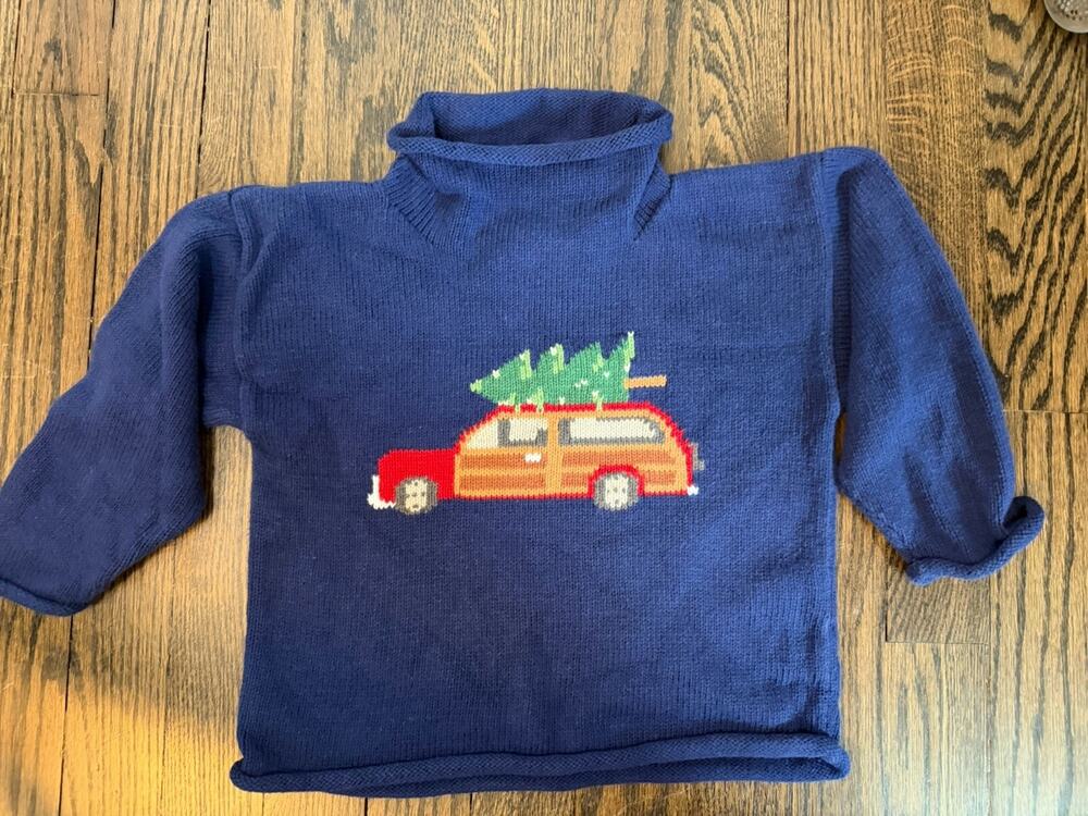 Claver WOODY WAGON CHRISTMAS TREE ROLL NECK SWEATER Navy Blue 2T EUC